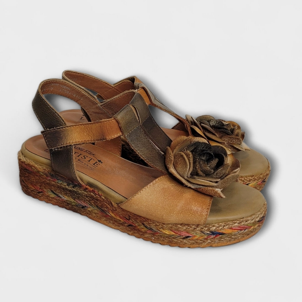 L'Artiste Spring Step Tempest Platform Sandals 6.5/37 Brown Leather Rosette